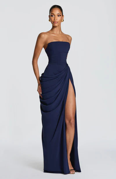 BLUE LAGON — Robe longue bustier drapée fente