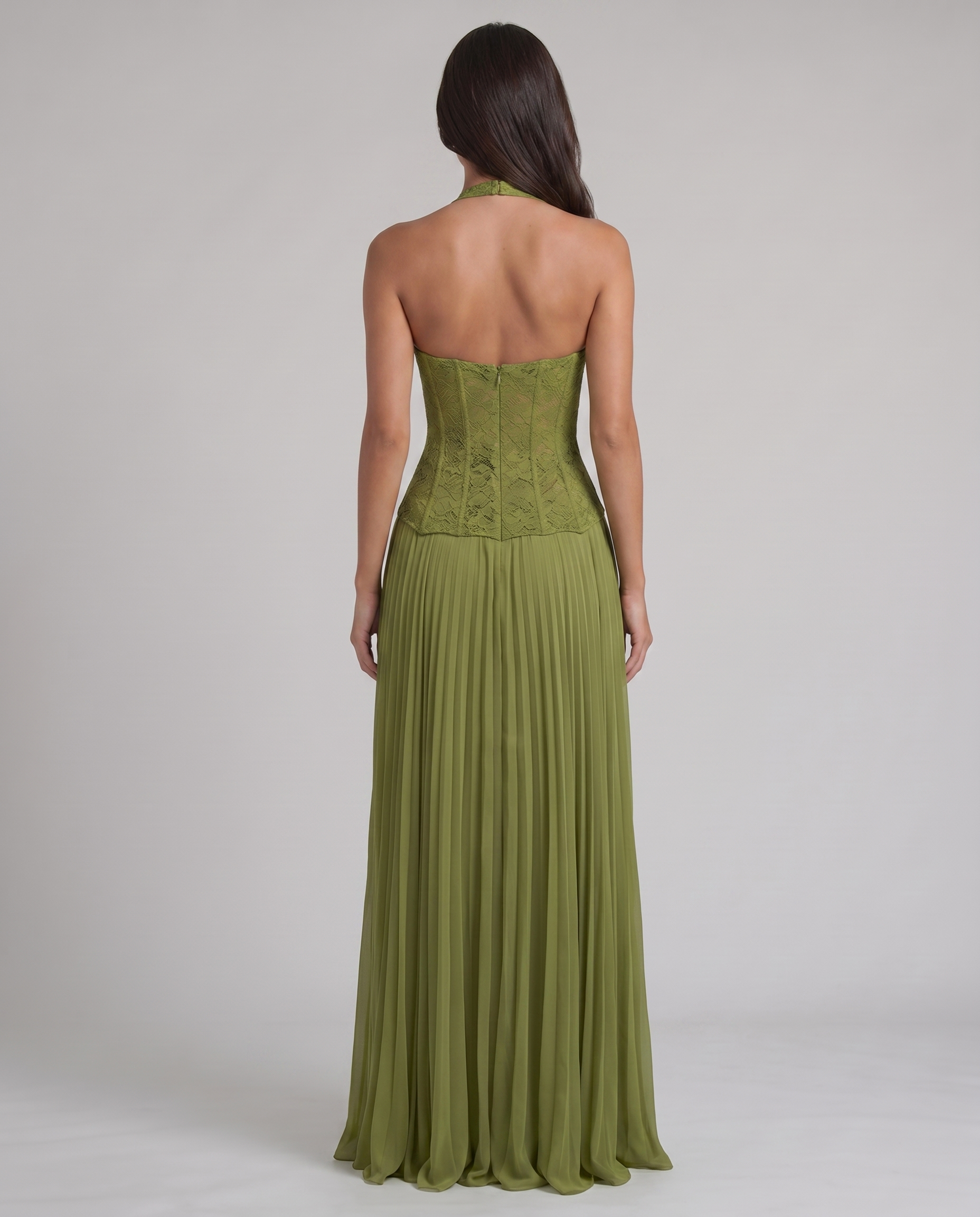 EDEN — Robe longue corset dentelle & jupe plissée vert olive