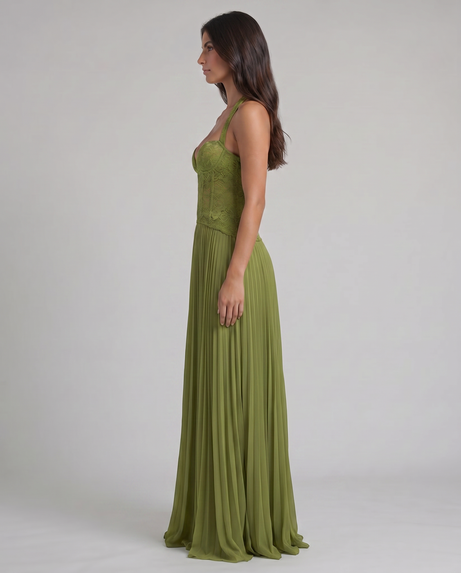 EDEN — Robe longue corset dentelle & jupe plissée vert olive