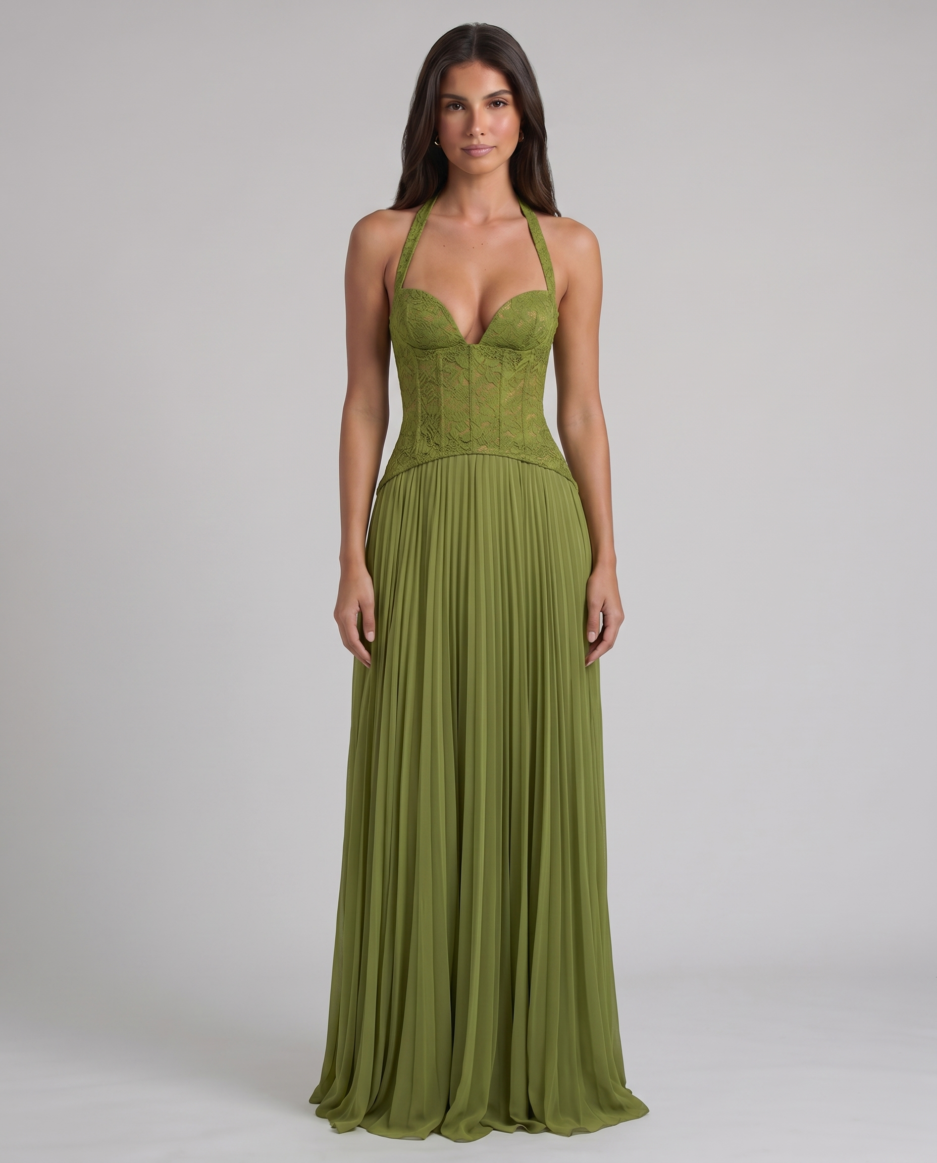 EDEN — Robe longue corset dentelle & jupe plissée vert olive